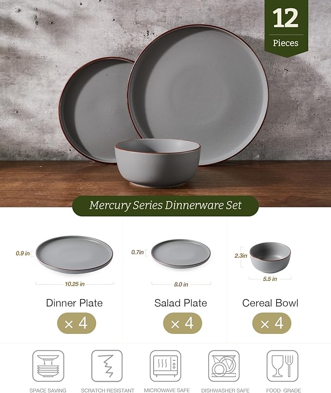 Famiware Mercury Plates and Bowls Sets, 12 Pieces Stoneware Dinnerware Sets, Dishes Set for 4, Microwave and Dishwasher Safe, Dark Grey