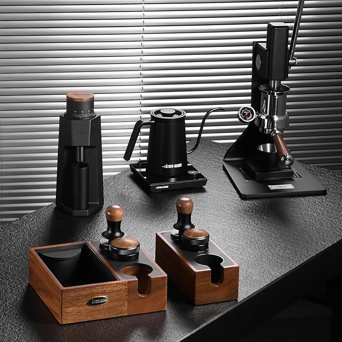 MHW-3BOMBER Espresso Coffee Distributor 53.35mm, Espresso Distribution Tool with Wooden Lid, Adjustable Height Coffee Leveler with Non-slip for 54mm Portafilters, Espresso Accessories T6091L4