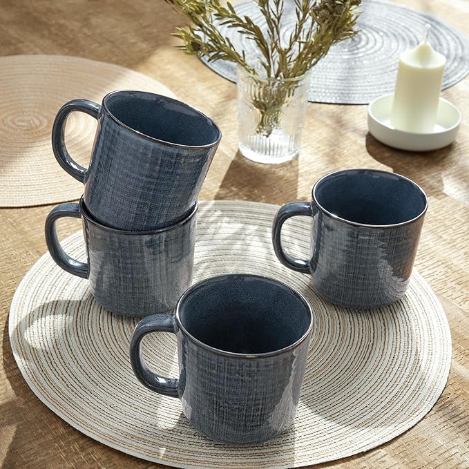 famiware Moonlight Coffee Mug Set of 4, 13oz Mug Set with Linen Finish, Coffee Cup Set with Handle for Latte, Cappuccino, Tea, Hot Cocoa, Microwave and Dishwasher Safe, Dark Blue