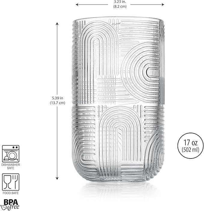 Glaver's Highball Glasses, 17 Ounce Embossed Designed Set of 4 Clear Kitchen Glassware For Home Bar Everyday Elegant Serving Coolers Urban Pattern Modern Drinking Glasses