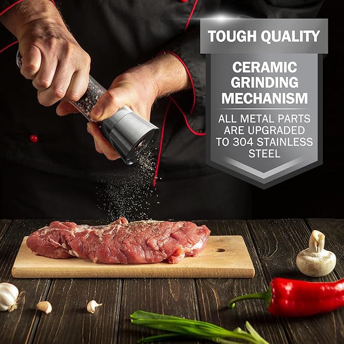 HOME EC Original Stainless Steel Salt or Pepper Grinder 1pk - Adjustable Ceramic Sea Salt Grinder or Pepper Mill - Tall Glass Spice Shaker - Spice Mill w/EBook