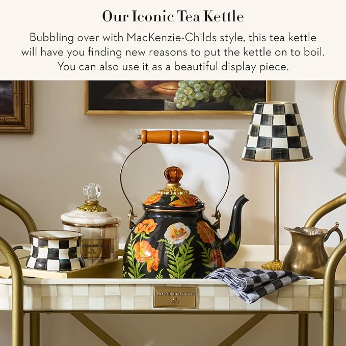 MACKENZIE-CHILDS Enamel Tea Kettle, Cute Tea Kettle for Stovetop, 2 Quarts, Poppy