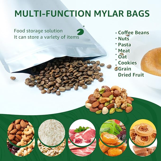 50pcs 8x12 Mylar Bags for Food Storage 2 Quart Resealable Smell Proof Foil Pouches Bags with Label sticker，Family Daily life for Food long-term Freeze Dryer Storage Coffee Cereal