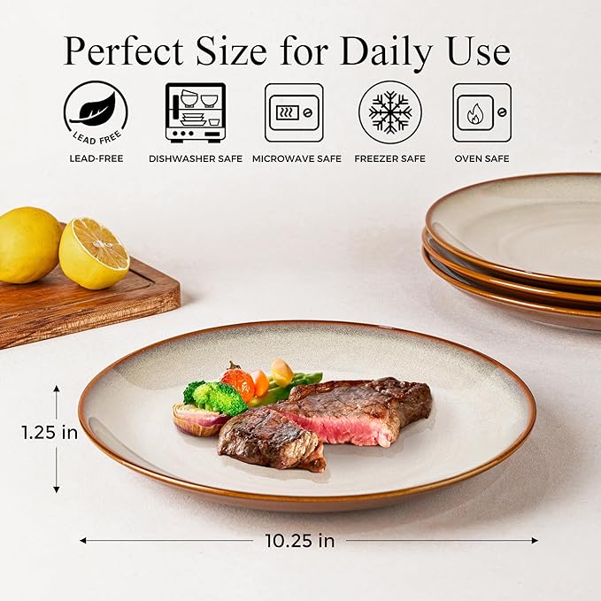 LERATIO Ceramic Dinner Plates Set of 6, 10.5 Inch Handmade Reactive Glaze Porcelain Plates, Coupe Shape Dinnerware Dishes Set for Kitchen,Oven& Microwave & Dishwasher Safe, Scratch Resistant-Kakhi