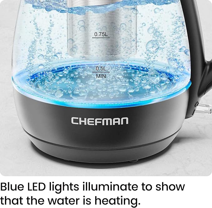 Chefman Electric Kettle with Tea Infuser, 1L 1500W, Removable Lid for Easy Cleaning, Boil-Dry Protection, Stainless Steel Filter, BPA Free, Auto Shut Off Hot Water Boiler, Small Electric Tea Kettle