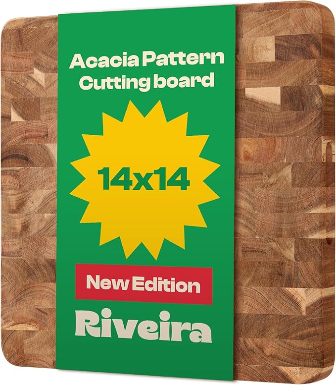 Riveira Acacia Wood Cutting Board – Gourmet Acacia Grandeur: 14 x 14 Wooden Cutting Board – Natural Wooden Cutting Boards For Kitchen Decorative – Innovative Juice Grooves Acacia Wooden Chopping Board