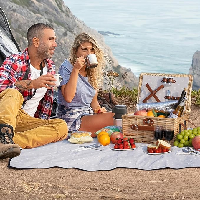HappyPicnic Picnic Basket Set for 2 - Wicker Picnic Basket with Waterproof Blanket & Insulated Liner, Large Handmade Willow Hamper with Cutlery Kit for Outdoor, Picnic, Camping, Holidays (Flower)