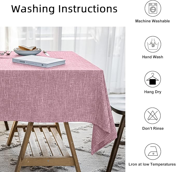 Waterproof Cotton Linen Thick Tablecloths Rectangle Dining Table Cloth, Wipe Clean Indoor & Outdoor Table Cover for Kitchen Party and Banquets, Wrinkle Resistant（54"x120"） Pink
