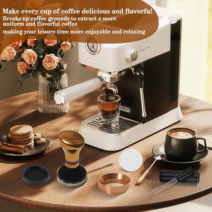 58mm Espresso Tamper Accessories Kit: 58mm Coffee Espresso Tamper Set, with Espresso Tamper, Wdt Stirrer Tool, Puck Screen, Dosing Funnel, Tamper Mat, Coffee Stencils for Espresso Machine (Golden)