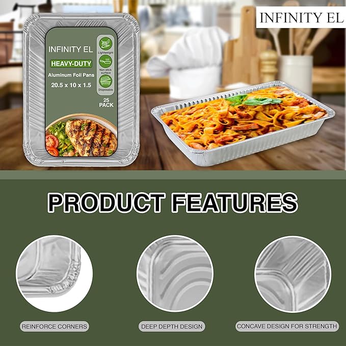 INFINITY EL Disposable Aluminum Foil Pans 25 Pack | Half Shallow 12.5" x 10" x 1.5" Deep Disposable Baking Pan | Heavy Duty Aluminum Pan for Roasting Turkey, Lasagna, Thanksgiving, Christmas & Parties