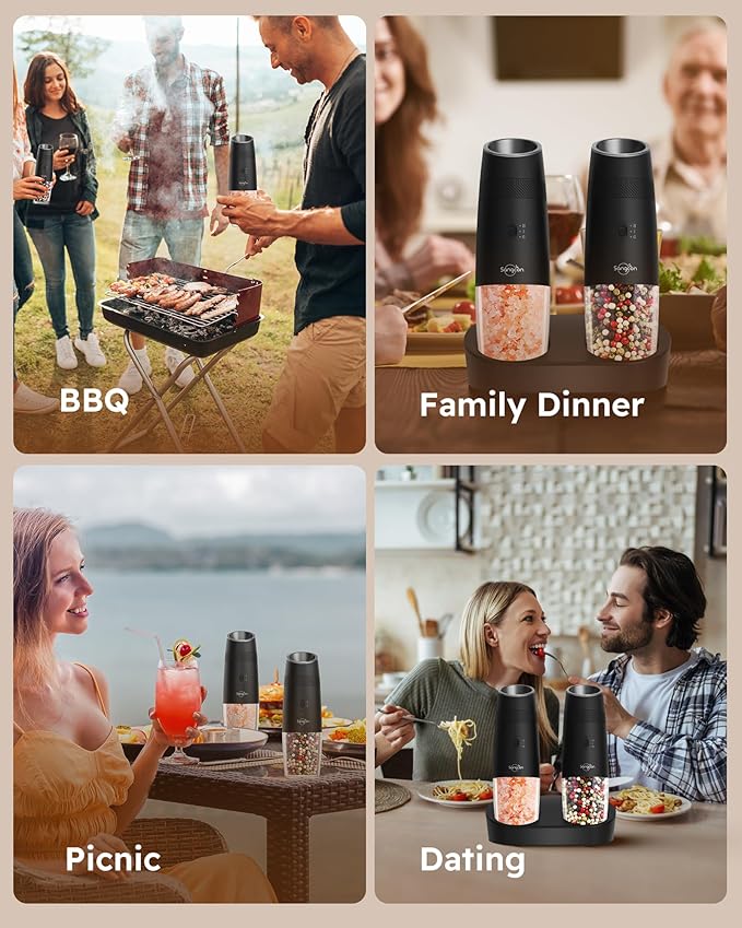 Sangcon 2-Speed Gravity Electric Salt and Pepper Grinder Set RECHARGEABLE, Automatic Salt Pepper Shakers with Charging Base - LED Light One Hand Operated, External Adjustable Coarseness Pepper Mill