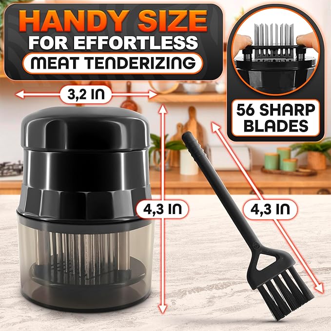 Meat Tenderizer Tool - Convenient Chicken Tenderizer Tool with 56 Sharp Stainless Steel Needle Blades, Safety Lock & Cleaning Brush, Dishwasher Safe - for Beef, Steak, Fish, Meat & Poultry Tenderizers