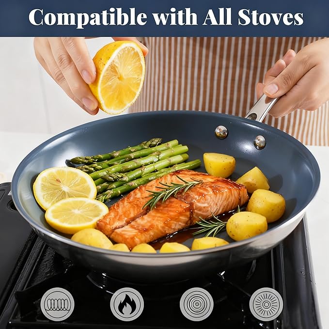 Stainless Steel Nonstick Frying Pan,8 Inch Healthy Non Toxic Ceramic Coating Cookware Works on Induction, Electric Stove and Gas Cooktops,PTFE PFAS PFOA Free Skillet,Dishwasher&Oven Safe