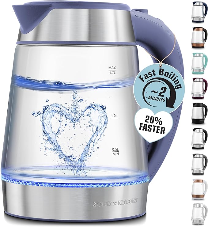 Zulay Kitchen Fast Boiling Electric Water Kettle - 1.7L, 1500W, Auto Shut-Off for Overboil & Boil Dry Protection, Cool-Touch Handle, 360° Base - Rapid Teapot Boiler For Coffee & Tea - Blue