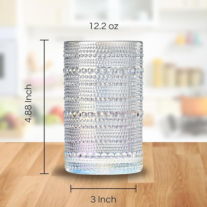 Hobnail Beaded Highball Drinking Tumbler Glasses | Set of 6 | Clear, Vintage Bubble Design Whiskey Glassware, Old-Fashioned, Embossed Design, Water, Wine, Cocktail Embossed Heavy Glass, Rocks Glass