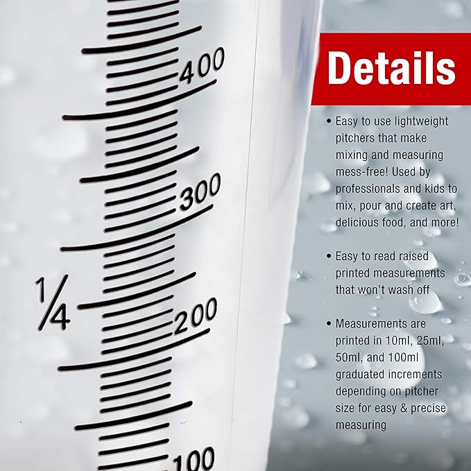 TCP Global 1/2 Liter (500ml) Plastic Graduated Measuring and Mixing Pitcher (Pack of 6) - Holds Over 1 Pint (16oz) - Pouring Cups, Measure & Mix Paint, Resin, Epoxy, Kitchen Cooking Baking Ingredients