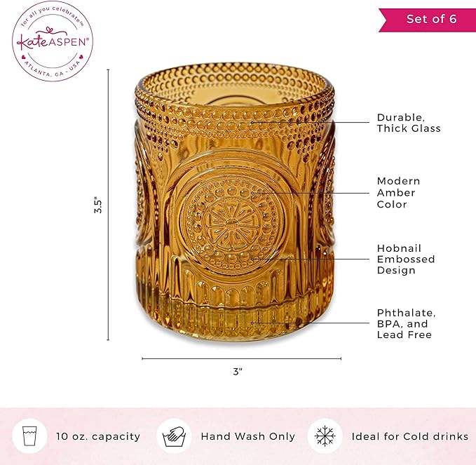 Kate Aspen Vintage Amber Drinking Glasses Set of 6 10 oz Ribbed Glassware for Drinking Water, Juice, Cocktail Glasses - Ribbed Glass Cups Set, Iced Coffee Cup, Kitchen Drinkware or Home Bar