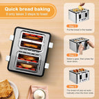 Mecity 4 Slot Stainless Steel Toaster - 4 Slice With Warming Rack, Cool to Touch, Bagel/Defrost/Reheat Functions, Removable Tray, 6 Browning Settings, Extra Wide Slots, 1500W