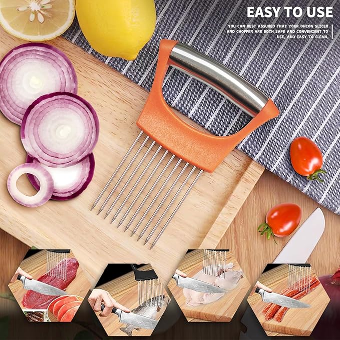 2PCs Stainless Steel Onion Slicer Holder, Onion Cutter Holder for Slicing of Onions,Tomatoes,Avocados,Eggs and Other Vegetables,KItchen Utensils (Orange & Black)