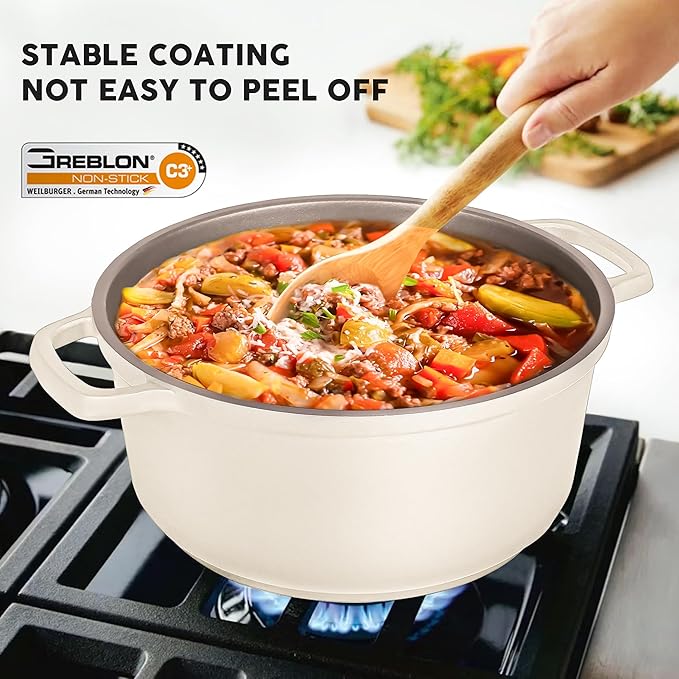 Large Dutch Oven Pot with Lid-7.5QT Cast Aluminum Oven Pot with Two Handles Lightweight for Bread Baking Braising and Roasting(Beige)