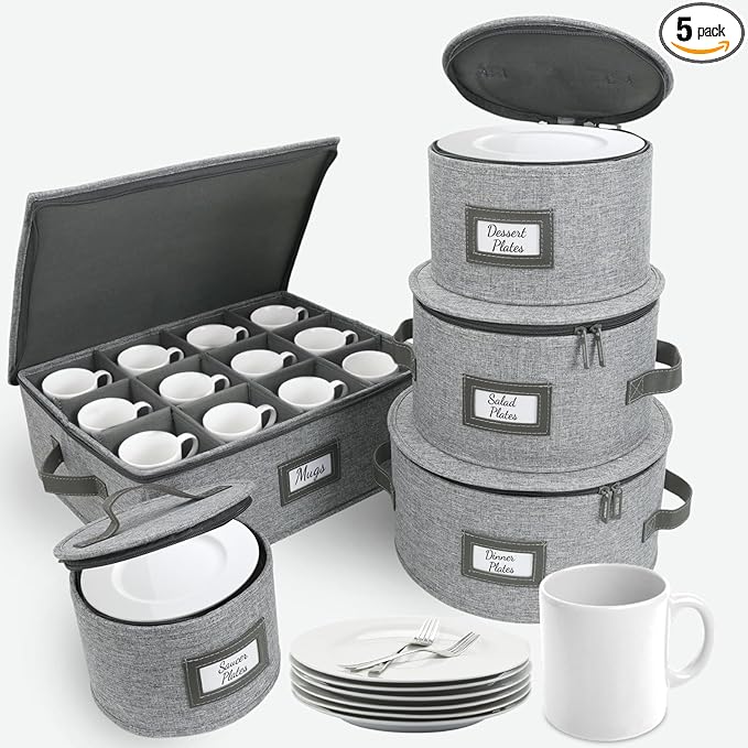 HOMELUX THEORY Hard Shell China Storage Containers, 5pc Light Gray Mug & Plate Storage Box, Kitchen Storage Bins With Lids, Heavy Duty Moving Box with Handles for Glassware, Stemware, Cup & Mug