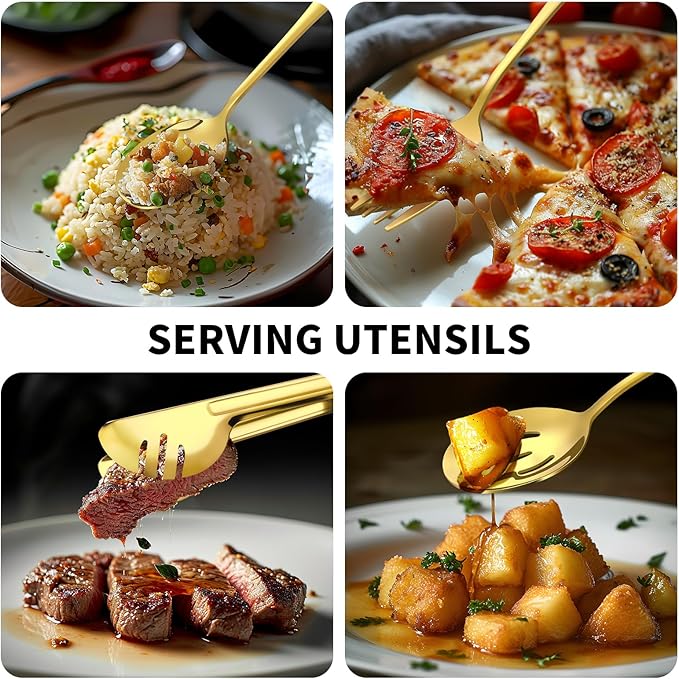 53PCS Gold Silverware Set for 8 with Cutlery Drawer Organizer, Stainless Steel Flatware Set with Steak Knives, Include Spoons and Forks Set & Serving Utensils, Mirror Polished