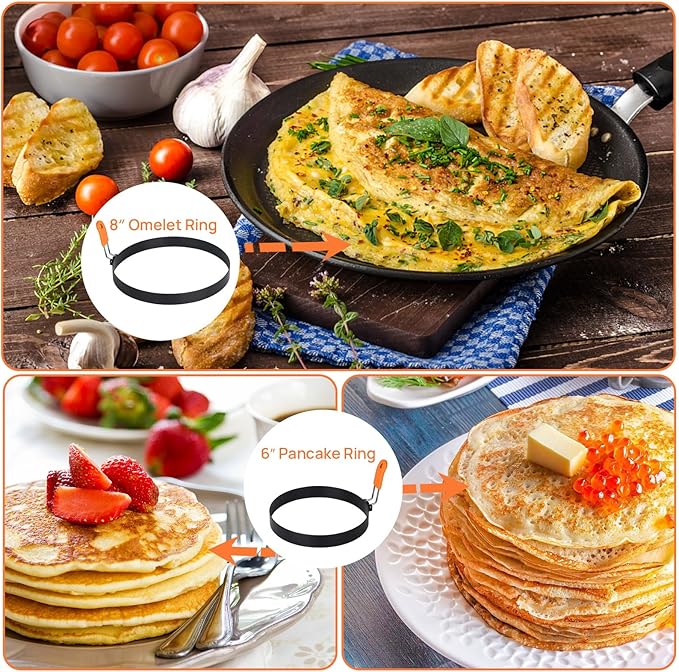 Egg Rings for Griddle Frying Eggs Upgraded 4 Packs, Pancake Shapers with Orange Silicone Handle Non-stick Egg Molds for cooking Breakfast Omelette Sandwiches (3", 3.5", 6", 8")