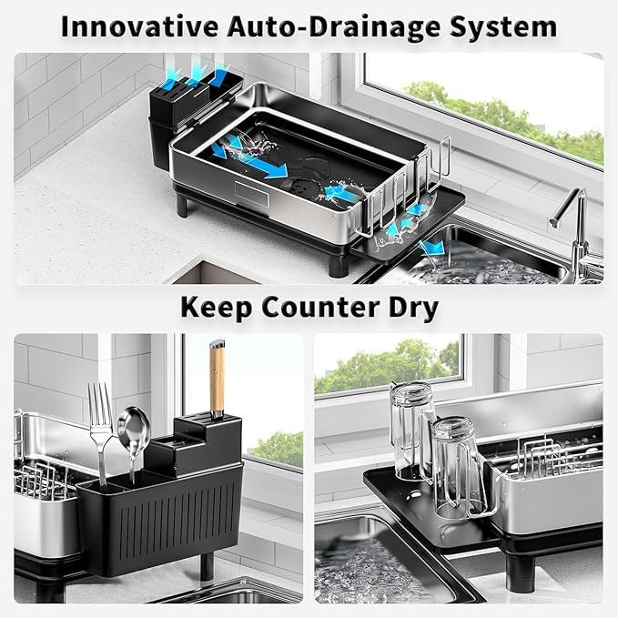 Dish Drying Rack, 304 Stainless Steel Dish Racks for Kitchen Counter, Dish Drainers with Automatic Drainage, Utensil Holder & Cups Holder, Space Saving Kitchen Organizer, Black