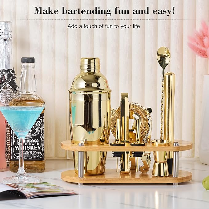 Cocktail Shaker Set Bartender Kit - 11 Pcs Bar Tool Set with Bamboo Stand & All Bar Accessories: Martini Shaker, Strainer,Jigger, Muddler, Mixer Spoon Barware Kit, for Bar, Home Lounge & Party(Gold)