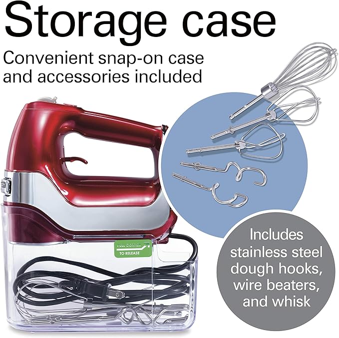Hamilton Beach Professional 5-Speed Electric Hand Mixer with High-Performance DC Motor, Slow Start, Snap-On Storage Case, Stainless Steel Beaters, Dough Hooks & Whisk, Red and Chrome (62653)
