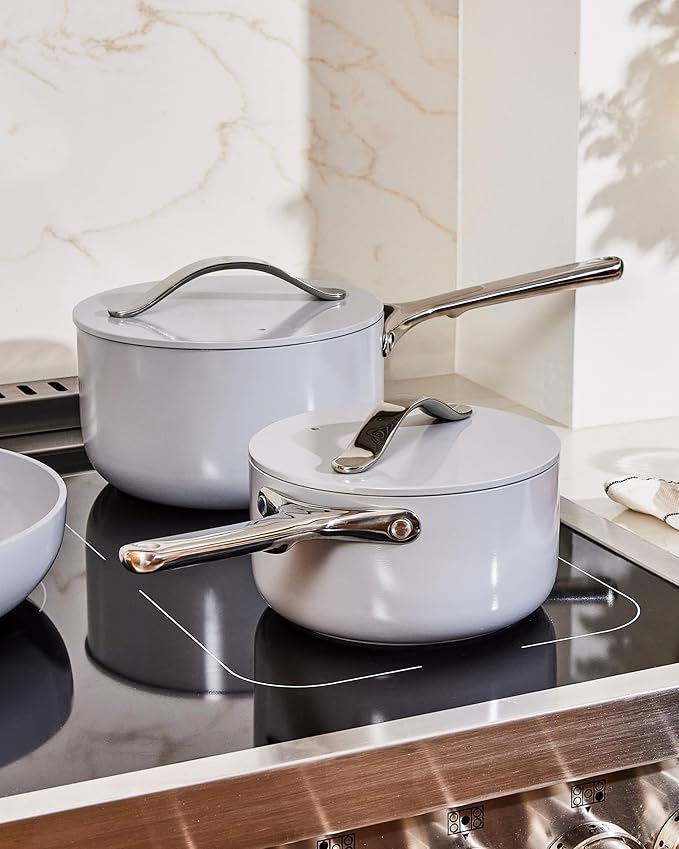 Caraway Nonstick Ceramic Sauce Pan with Lid (1.75 qt) - Non Toxic, PTFE & PFOA Free - Oven Safe & Compatible with All Stovetops (Gas, Electric & Induction) - Black