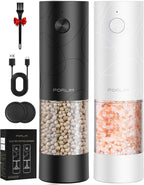 FORLIM Electric Salt and Pepper Grinder Set, USB Rechargeable, Automatic Salt Pepper Mill Grinder with Dust Cover, One-Button Control, Adjustable Coarseness, White LED Light (2 Packs, Black&White)