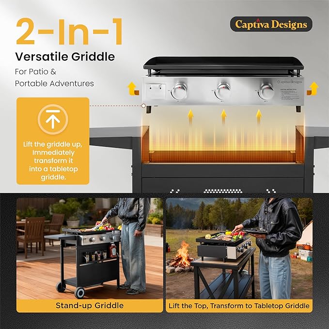Captiva Designs 27 in Flat Top Griddle Grill with Ceramic Coated Cast Iron Pan, 3-Burner Propane Gas Griddle Grill, 33,000 BTU Output Flattop Grills for Outdoor Barbecue, Cooking and Party