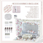 Picnic Basket Set for 4 with Waterproof Blanket Mat Insulation Bag Wicker Floral Elegant Classic Fresh White Pink Gift for Wedding Birthday Summer Camp Outdoor Camping Beach Travel Christmas