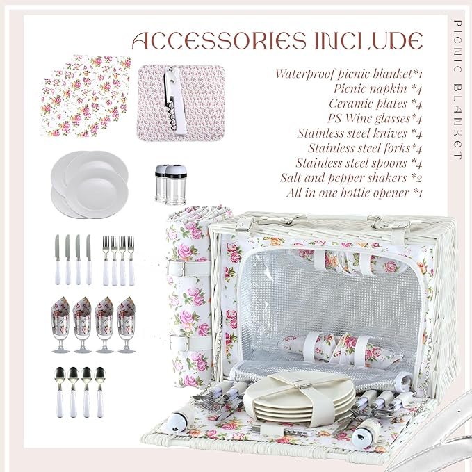 Picnic Basket Set for 4 with Waterproof Blanket Mat Insulation Bag Wicker Floral Elegant Classic Fresh White Pink Gift for Wedding Birthday Summer Camp Outdoor Camping Beach Travel Christmas