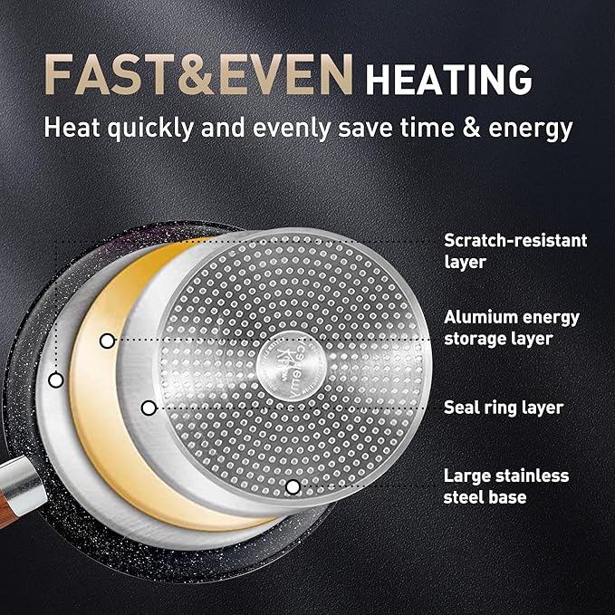 MAISON ARTS 17 Piece Black Pots and Pans Set Non Stick Granite, Non Toxic Induction Kitchen Cookware Sets, Pan and Pot Sets for Cooking Nonstick