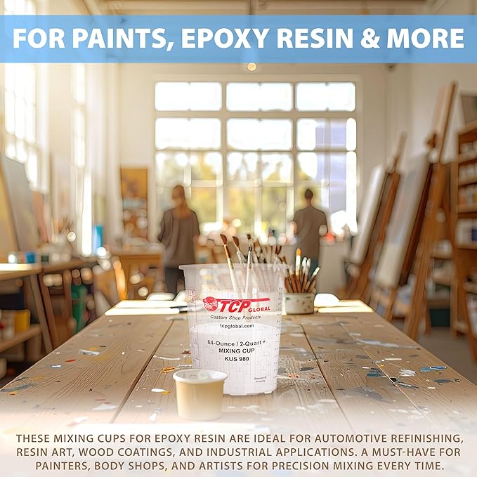Custom Shop Paint Mixing Cups, 64-Ounce (36 Pack) - Plastic Measuring Cups for Liquids, Automotive Painting, Epoxy Resin, Acrylic Arts, Crafts, Disposable or Reusable, Graduated, Mixing Ratios