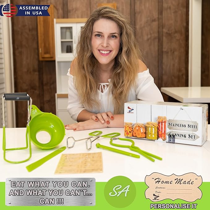 Supa Ant Canning Supplies - USA Assembled & Certified Food Grade Stainless Steel Starter Set Canning Kit for Beginners - Wide Kitchen Funnel, Jar Lifter and Wrench, Bubble Popper/Measurer, Lid Lifter