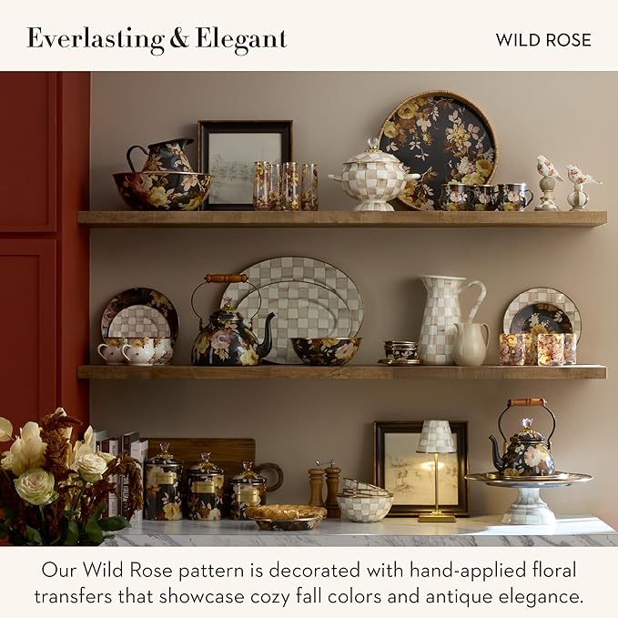 MACKENZIE-CHILDS Enamel Tea Kettle, Decorative Tea Kettle for Stovetop, 3 Quarts, Wild Rose Brown