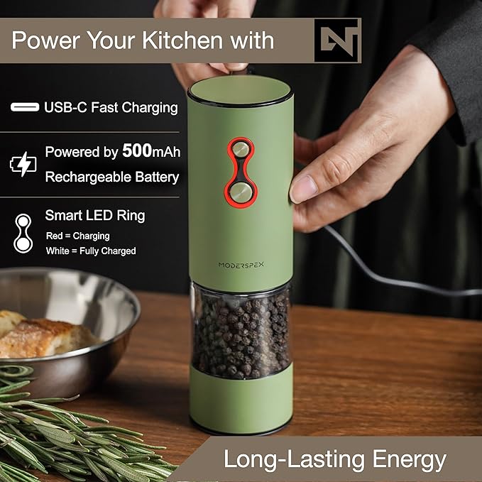 Electric Salt and Pepper Grinder Set USB-C Rechargeable, Dual-Speed Automatic Salt and Pepper Mills with Adjustable Grind Levels, Ceramic Burr, LED Light, Refillable, (Sage Green)