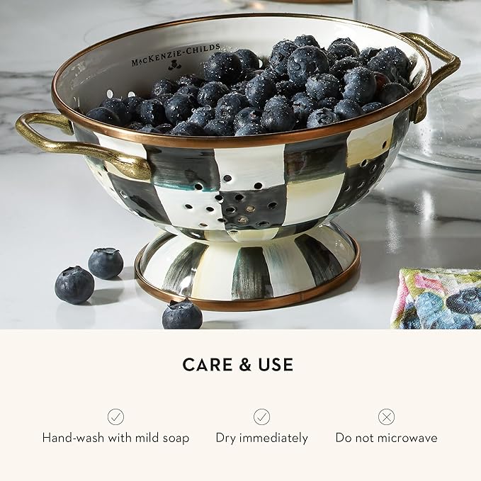 MACKENZIE-CHILDS Enamel Colander, Decorative Kitchen Strainer, Small, Black-and-White Courtly Check