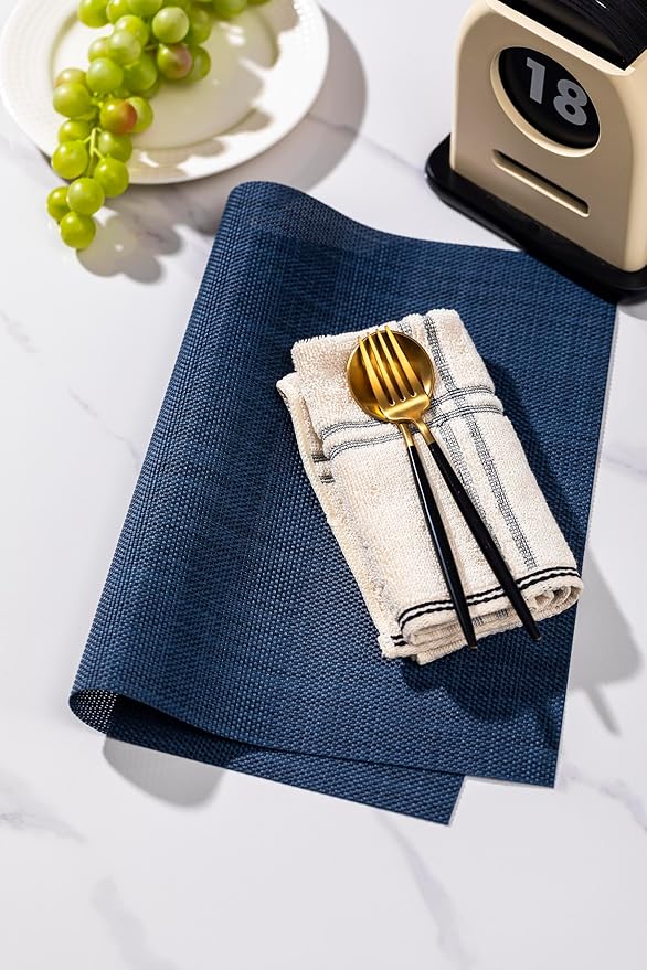 LEXMORE Placemats Set of 6 Vinyl/Plastic Woven Place Mats for Kitchen Table Indoor/Outdoor Washable Placemat Wipeable Dining Table Mats(Navy Blue)