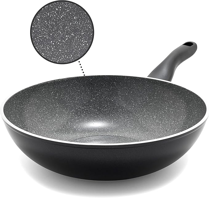 Rigoletto 11” Nonstick Wok Pan, Made in Italy, Vesuvio Layered Ceramic PFAS-Free Surface, Induction Ready Skillet, Dishwasher & Metal Utensil Safe, Granite Finish, Stay-Cool Handle, Black