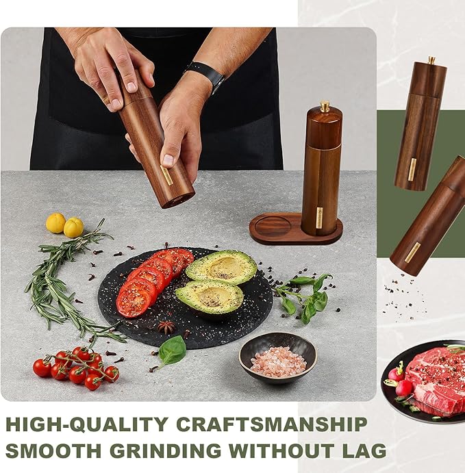 Wooden Salt and Pepper Grinder Set 8 Inch Manual Salt and Pepper Mill with Tray Adjustable Coarseness Refillable Wood Grinders with Gold Bottle Label for Kitchen(Wood Color)