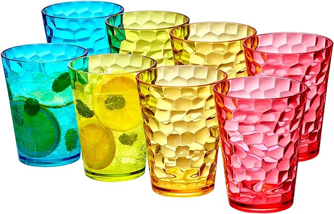 Amazing Abby - Iceberg 16-Ounce Plastic Tumblers (Set of 8), Drinking Glasses, Mixed-Color Reusable Cups, Stackable, BPA-Free, Shatter-Proof, Dishwasher-Safe