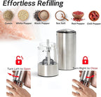 Electric Salt and Pepper Grinder Set – Automatic One-Handed Operation, Rechargeable Stainless Steel Mills, LED Light, 5-Level Adjustable Coarseness, Large 95ml Capacity and Clear Base