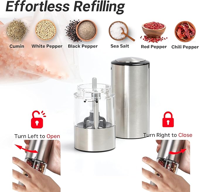 Electric Salt and Pepper Grinder Set – Automatic One-Handed Operation, Rechargeable Stainless Steel Mills, LED Light, 5-Level Adjustable Coarseness, Large 95ml Capacity and Clear Base
