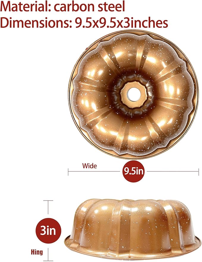 Classic Bakeware 9.5 Inch Non-stick Fluted Cake Pan,Heavy Duty Carbon Steel Tube Baking Mold Gold