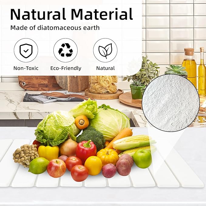 Stone Dish Drying Mat, 24"(L)×16"(W) - Fast-Drying, Collapsible Kitchen Counter Mat for Dishes, Cups & Bottles with Sanding Tool + Placemat, White