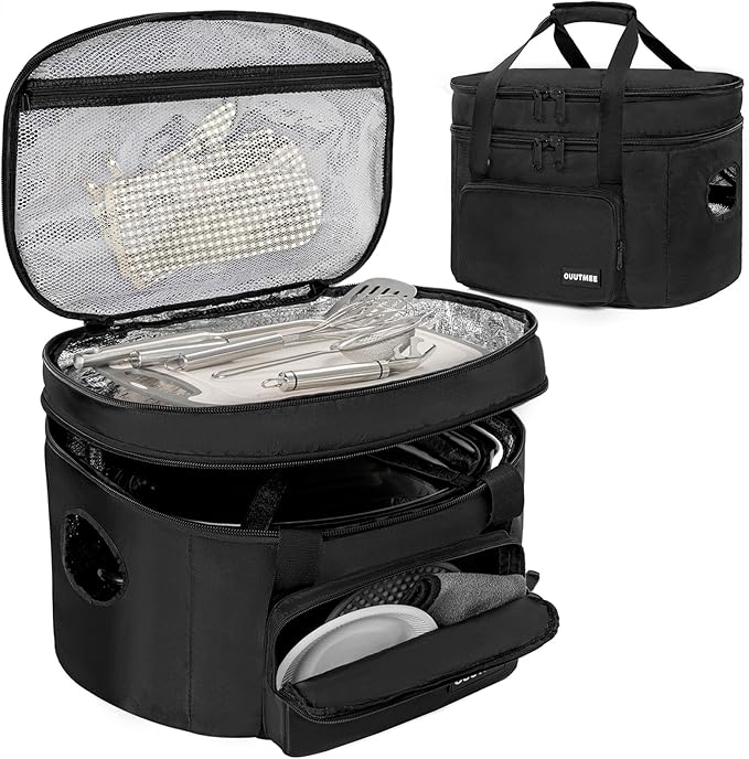 Slow Cooker Travel Bag, Double Layers Insulated Slow Cooker Carrier, Compatible with 6-8 Quart Crock Pot, Travel Carrier with Easy to Clean Lining and Large Pocket for Accessories